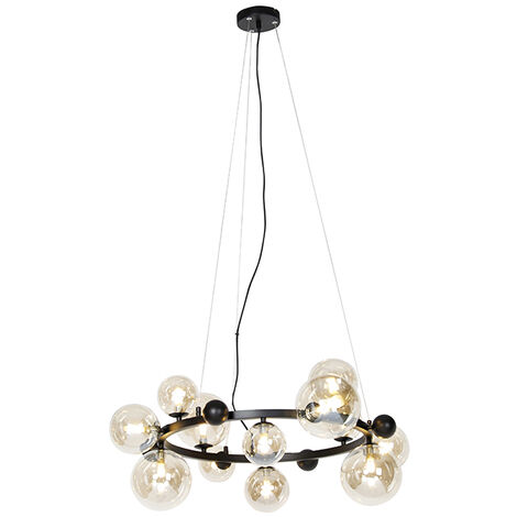 QAZQA Art Déco Lámpara colgante Art Deco negra con cristal ámbar 12 luces - David Acero /Vidrio Redonda Adecuado para LED Max. 12 x 28 Watt (1/4)