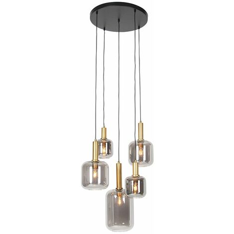 QAZQA Moderno Lámpara colgante negra con dorado y cristal ahumado 5 luces - Zuzanna Vidrio /Acero Redonda Adecuado para LED Max. 5 x 40 Watt