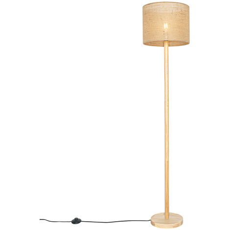 QAZQA rústico Lámpara de pie de madera rústica con pantalla de lino natural 32 cm - Mels /Lino Redonda Adecuado para LED Max. 1 x 40 Watt