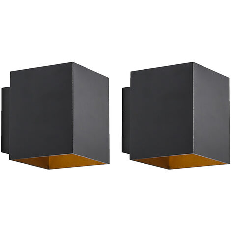 QAZQA Moderno Set de 2 Apliques de pared de diseño negros y dorados cuadrados - Sola Aluminio Cuadrada Adecuado para LED Max. 1 x 40 Watt