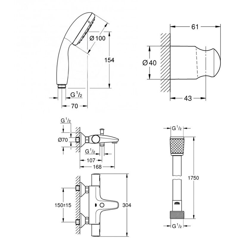 Flexible de douche Grohe Quickfix 1750 mm x 1/2 x 1/2 (DN15