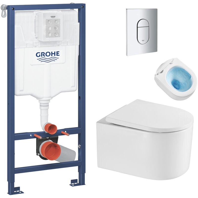 Grohe Pack WC Bâti Autoportant Rapid SL + WC sans bride SAT + Abattant  softclose + Douchette bidet + Plaque chrome - Livea Sanitaire