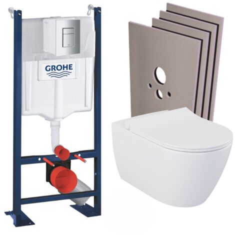 Grohe Pack WC Bâti-autoportant Rapid SL + WC sans bride Bello + Abattant softclose + Plaque chrome + set habillage (1/5)