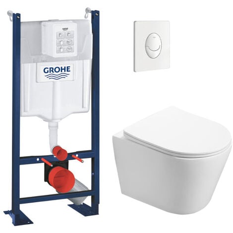 Grohe Pack WC Bâti autoportant + WC sans bride SAT Infinitio + Abattant softclose + Plaque blanc alpin (ProjectInfinitio-3)