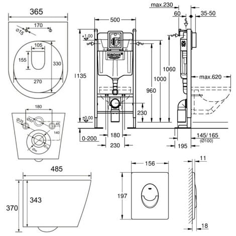 Grohe Pack WC Bâti autoportant + WC sans bride SAT Infinitio + Abattant softclose + Plaque blanc alpin (ProjectInfinitio-3)