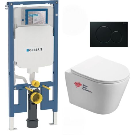 Pack WC Bati Geberit extra-plat + Cuvette Swiss Aqua Technologies sans bride fixations invisibles + plaque (SLIM-Infinitio-A)