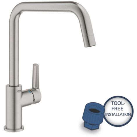 Grohe – Mitigeur monocommande cuisine bec mobile en U – Hauteur 220mm – Zone de rotation 150° – Finition inox sans plomb (1/10)