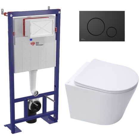 Swiss Aqua Technologies – Pack WC bâti-autoportant – WC suspendu sans bride et fixations invisibles – Abattant softclose – Plaque de déclenchement noir mat