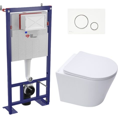 Swiss Aqua Technologies Pack WC bâti-autoportant + WC SAT Infinitio sans bride fixations invisibles + Abattant softclose + Plaque blanche/chrome