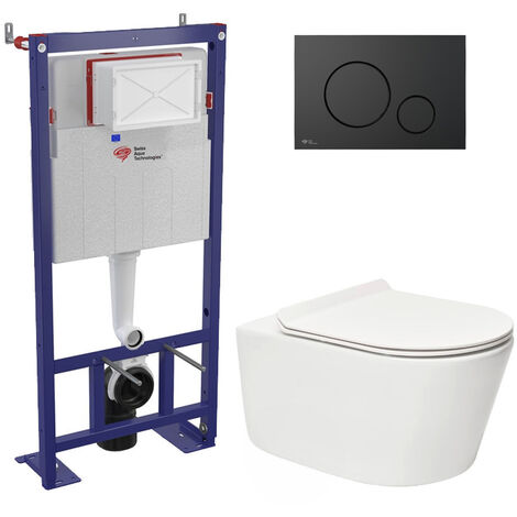 Swiss Aqua Technologies Pack WC bâti-autoportant + WC SAT sans bride fixations invisibles + Abattant softclose + Plaque noir mat (1/5)