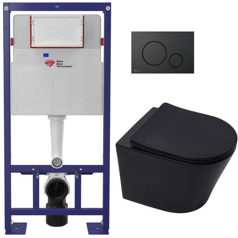 Swiss Aqua Technologies Pack WC bâti-autoportant + WC sans bride SAT Infinitio + Abattant SoftClose + Plaque noir mat (SMART-BlackInfinitio-M678)