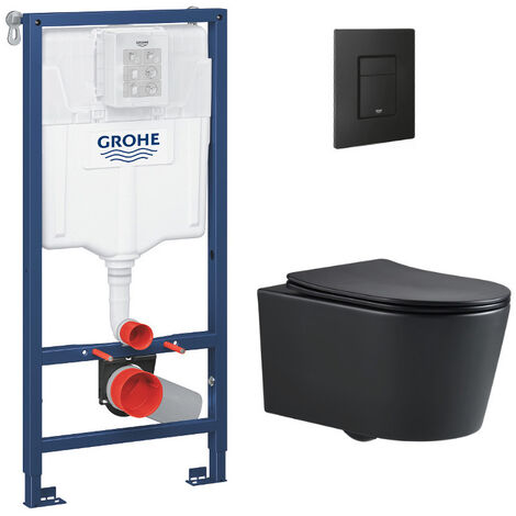 Grohe – Pack WC suspendu sans bride noir mat – Bâti-support Rapid SL – Abattant softclose – Plaque de commande anti-empreintes