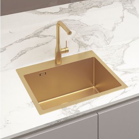Swiss Aqua Technologies Aurum Évier de cuisine encastrable inox 304, 1 bac , 55x45x21 cm, Or brossé PVD