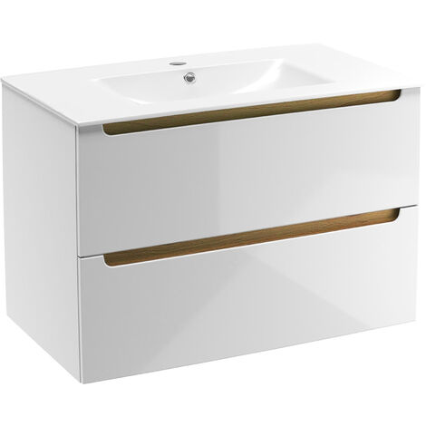 Naturel – Meuble de salle de bain avec vasque simple STILLAD08057U1 – Dimensions 80x60x45 cm – Lavabo en céramique blanc – 2 tiroirs avec découpe siphon