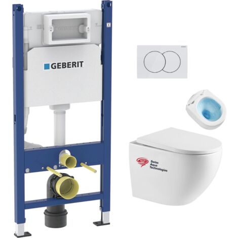 Pack WC Bati-support Geberit Duofix + WC sans bride Swiss Aqua Technologies + Plaque de commande Delta01 Blanche (FusionTQGeb3)
