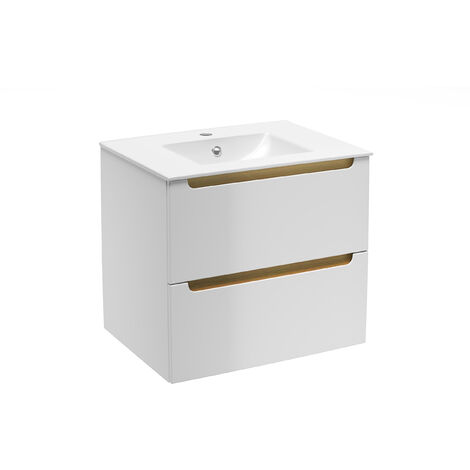 Naturel – Meuble de salle de bain suspendu avec vasque 60 cm – STILLAD06056U1 – MDF laqué blanc brillant – 2 tiroirs Soft Close – Montage facile
