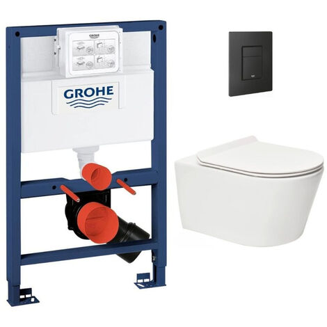 Grohe – Pack WC bâti-support Rapid SL – WC suspendu sans bride SAT Brevis – Abattant ultra-fin softclose – Plaque de commande noir mat (1/5)