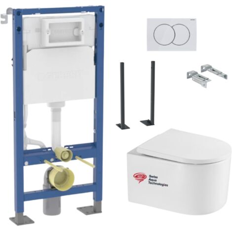 Geberit – Bâti-support WC suspendu 112 cm DELANOTQGEBX – Cuvette sans bride Swiss Aqua – Abattant SoftClose – Plaque Delta01 double touche