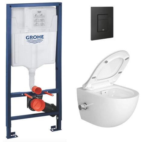 Grohe Pack Bati-support Project + WC sans bride avec fonction bidet thermostatique + Plaque Noir mat (RapidSL-SATClean-KF0)
