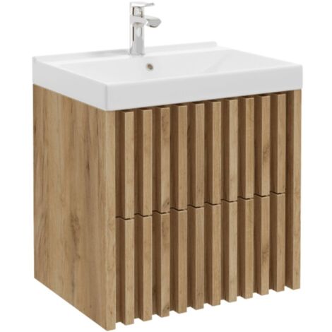 Swiss Aqua Technologies – Meuble lave-mains 60 cm – Lavabo simple vasque blanc – 2 tiroirs – MDF chêne mat – DELANO60ZDUM