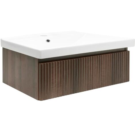Swiss Aqua Technologies – Meuble avec vasque simple 98x30x44,8 cm – SATEVO100NAU1 – MDF noyer mat – Lavabo céramique blanc – 1 tiroir – A suspendre