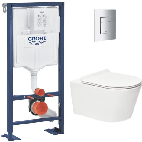 Grohe Pack WC Bâti autoportant Solido + WC sans bride SAT Brevis + Abattant ultra-fin softclose + Plaque chrome (AUTOPORTANT-BREVIS-1)