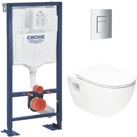 Grohe Pack WC Bâti Autoportant Solido + WC sans bride SAT + Abattant SoftClose + Plaque Chrome (AUTOPORTANT-PROJECT-1)