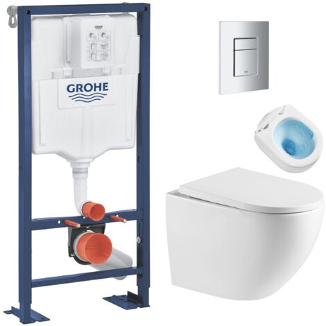 SOLIDO Pack Bâti autoportant + WC sans bride SAT Vortex + Abattant SoftClose + Plaque chrome (AUTOPORTANT-FUSIONTQ-1)