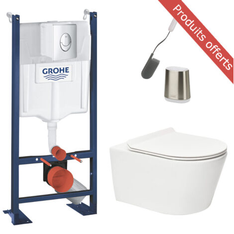 Grohe – Pack WC bâti autoportant – WC suspendu sans bride – Abattant SoftClose – Plaque de commande double touche chrome – Brosse anti-goutte