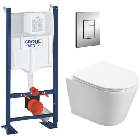 Grohe Pack WC Bâti autoportant Geberit + WC Swiss Aqua Technologies sans bride + Plaque chrome (ProjectInfinitio-1/BP)