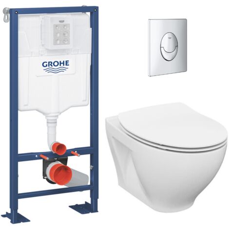 Grohe Pack WC Bâti-support autoportant Solido + Cuvette sans bride Cersanit + Abattant SoftClose + Plaque chrome (AUTOPORTANTMODUO.2) (1/5)