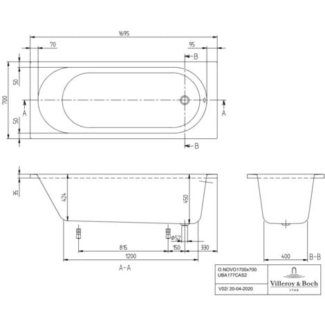 Villeroy & Boch O.NOVO 170 x 70 cm Baignoire rectangulaire, sans pieds, blanc (UBA177CAS2V-01)