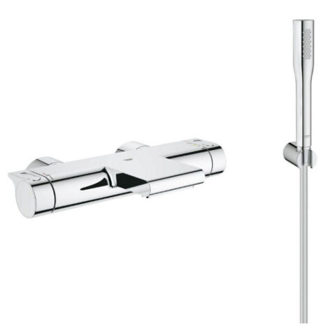 Grohe Grohtherm 2000 Set mitigeur thermostatique bain/douche + Douchette 1 jet + Flexible et support mural, Chrome (34174001-Euphoria)
