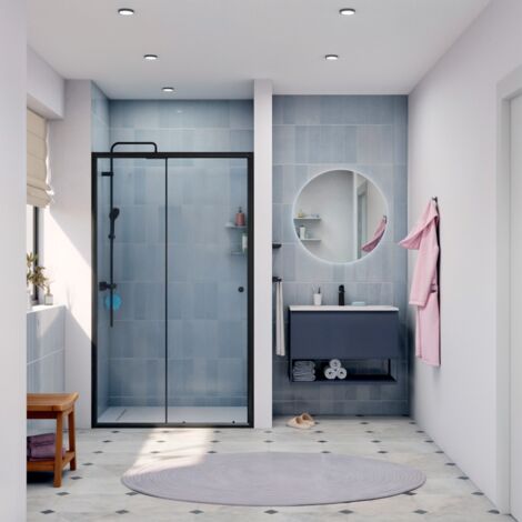 Swiss Aqua Technologies – Porte de douche coulissante 120x185cm – Verre de sécurité 4mm – Profilé noir mat – SATPROMUD120CT (1/5)