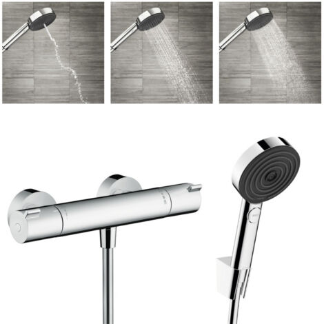 Hansgrohe Ecostat Mitigeur thermostatique douche + Douchette à main XXL 105mm 3 jets, Flexible de douche 125cm, support mural (1/5)