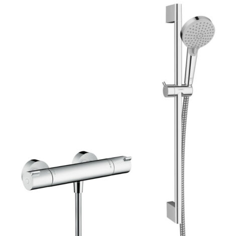 Hansgrohe Ecostat Set mitigeur thermostatique + Barre 65cm + Douchette 2 jets + Flexible, Chrome (13211000-Vernis-SP)