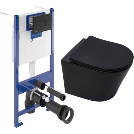 Pack WC Bâti-support sol mur Villeroy & Boch + WC SAT Infinitio sans bride + Abattant SoftClose + Plaque noire (VCNBLINFI4)