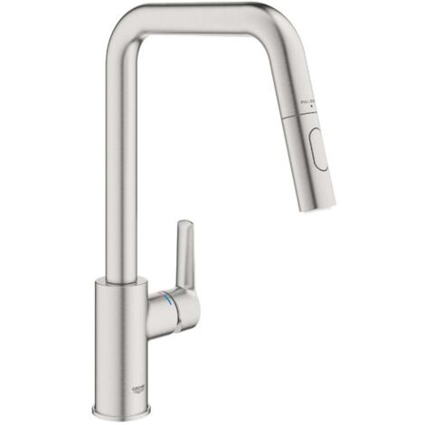 Grohe – Mitigeur monocommande cuisine 30631DC0 – Douchette extractible 2 jets – Bec haut pivotant 360° – Limiteur de température intégré – Inox (1/7)