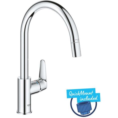 Grohe – Mitigeur de cuisine monocommande 30562000 – Bec haut pivotant 360° – Douchette extractible – Finition chrome – Cartouche céramique 28mm (1/5)