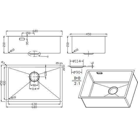 Ceramia Timeless Évier de cuisine sous plan inox 304, 1 bac , 68x45x21 cm, Or brossé PVD