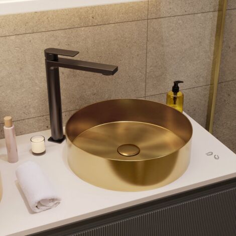 Ceramia – Vasque à poser en acier inoxydable rond 38 x 38 x 11 cm sans trop-plein – Finition or brossé – Bonde incluse – Installation facile