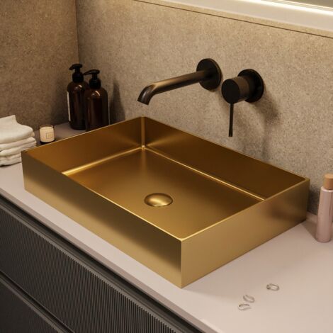 Ceramia – Vasque à poser en acier inoxydable 304 – Dimensions 55x38x11cm – Or brossé PVD – Sans trop-plein – Bonde incluse