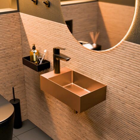 Ceramia – Lave mains suspendu en acier inoxydable 304 – Cuivre brossé PVD – Dimensions 40x22x11cm – Installation murale – Bonde incluse