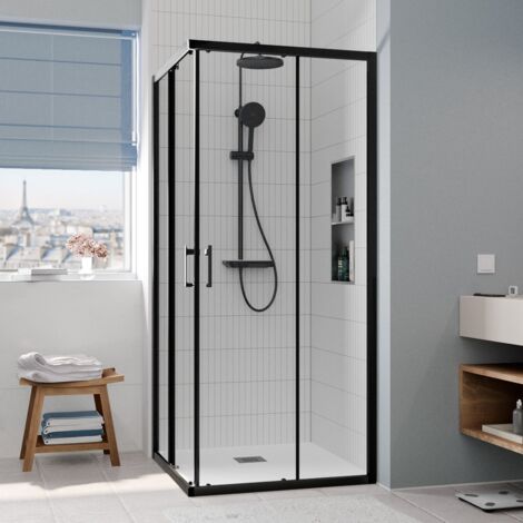 Ceramia – Porte de douche coulissante 80x80x195cm – Verre trempé 6mm – Profilés noir mat – Système de clips pour nettoyage facile – CERAHC8080B