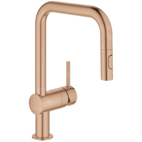 Grohe – Mitigeur de cuisine monocommande en cuivre brossé – Bec en U 360° – Cartouche céramique 46 mm – Caño extractible – Installation rapide (1/6)