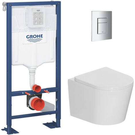 Grohe – Pack WC bâti-support autoportant 1.13 M – WC suspendu Rimless 53,5 cm sans bride – Abattant SoftClose – Plaque chrome – AUTOPORTANTCETOR1 (1/5)