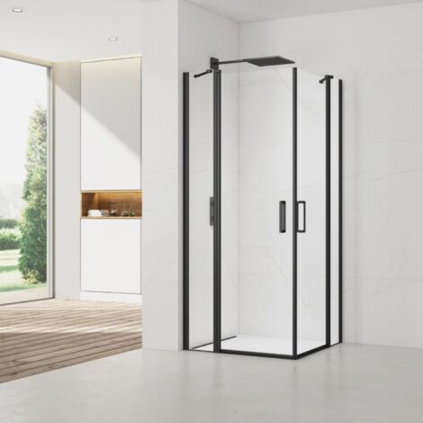 Swiss Aqua Technologies Fusion Portes de douche acces en angle pivotantes 90x80cm anticalcaire avec profilés noir mat (SATFUDP9080C-SET) (1/5)