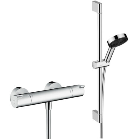 Hansgrohe Ecostat Set Mitigeur thermostatique douche + Douchette à main XXL 105mm 3 jets, flexible douche 160cm, barre 65cm
