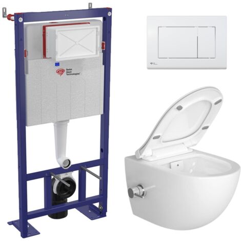 Swiss Aqua Technologies Pack WC bâti-autoportant + WC sans bride SAT Infinitio avec fonction bidet thermostatique + Abattant softclose + Plaque blanche