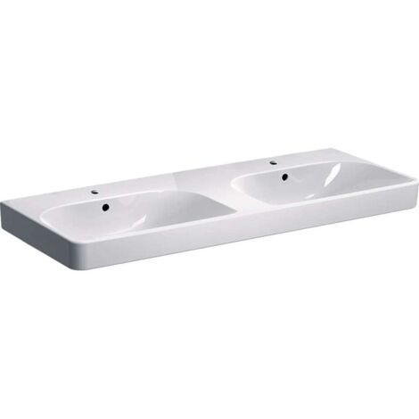 Geberit – Lavabo double 120x48cm en céramique blanche – Miroir et étagère inclus – Trou de robinetterie centré – Trop-pleins visibles